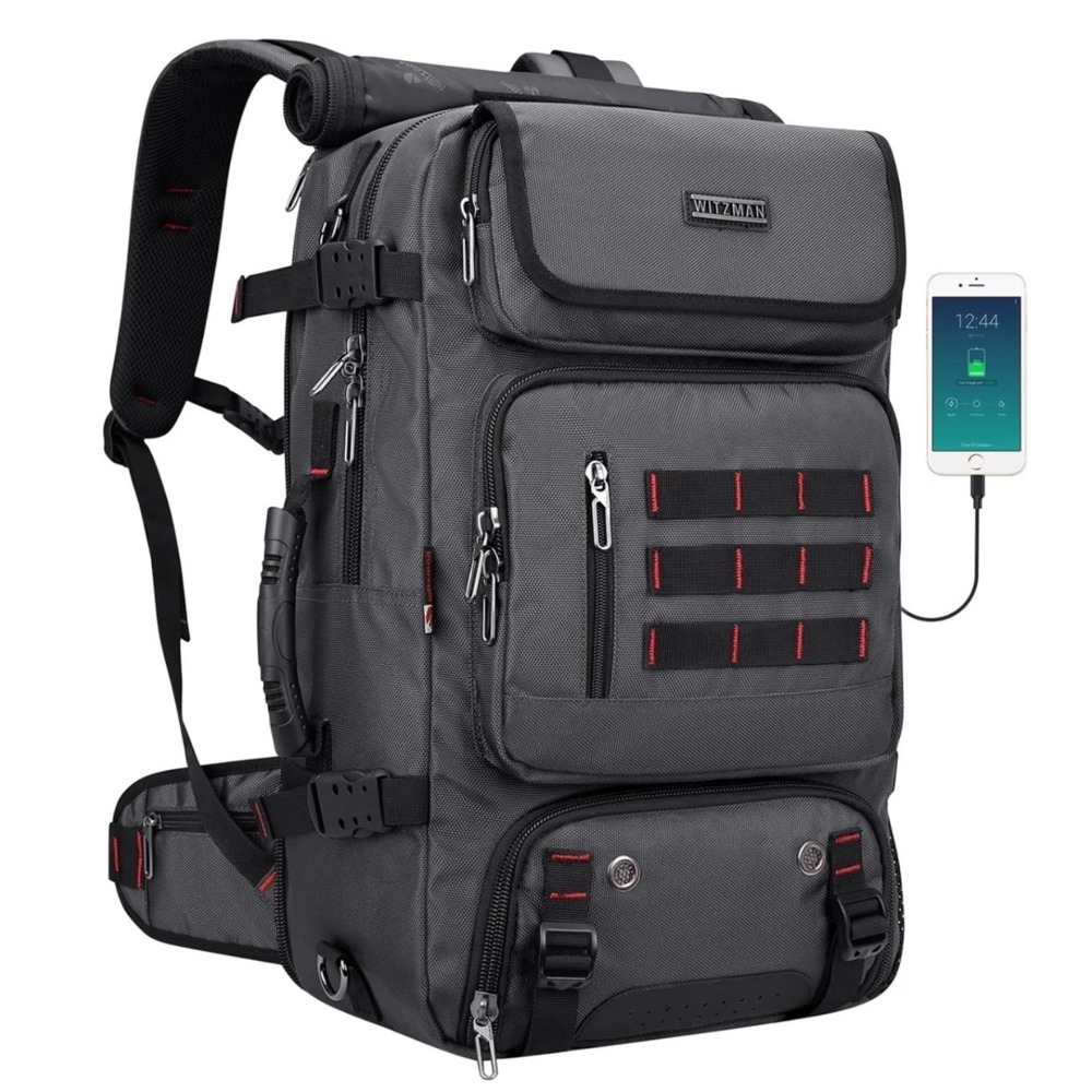 Witzman Backpack OS Travel Tactical Laptop Bag Grey Red Canvas Multi-Pocket